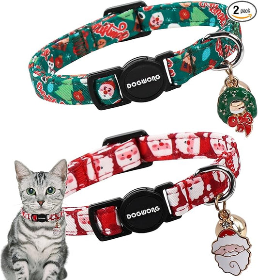 Cat Collar,2 Pack Cat Collars Breakaway with Bell, DOGWONG Safety Buckle Red Christmas Santa Cat Collar for Girl Boy Cats and Small Dogs，Adjustable 7-12 Inch,Pet Supplies Accessories