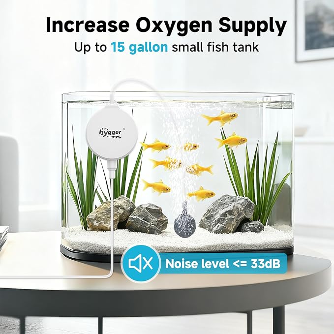 hygger 1.5 Watt Mini Aquarium Air Pump, Quiet Aerator with Air Stone Tubing Suction Cup Clip, Small Fish Tank Bubbler Oxygen Pump for 1 to 15 Gallon Betta Tank, Fish Bowl, Desk Small Tank