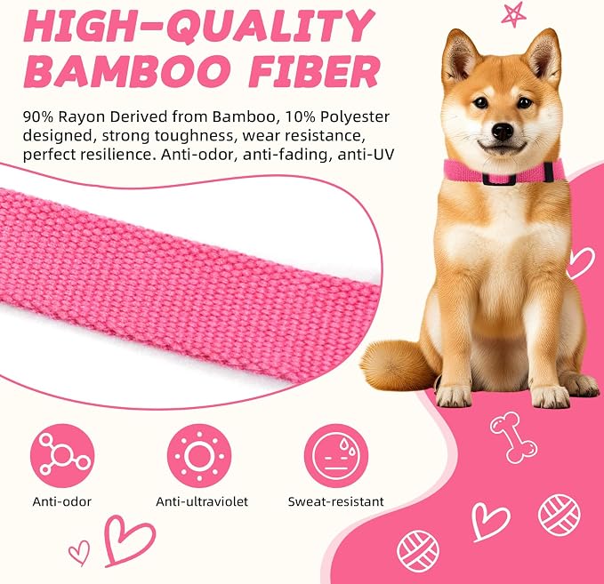 Rose Pink Dog Collar for Small Size Dogs Soft and Breathable of 90% Rayon from Bamboo and 10% Polyester Comfortable Skin-Friendly, Adjustable Collar with Quick Release Buckle