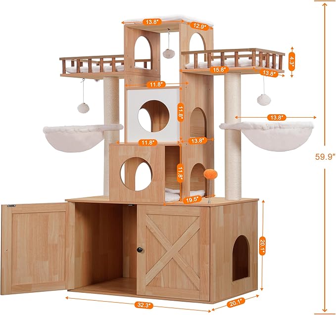 Heybly Cat Tree with Litter Box Enclosure for Indoor Big Cat, Cat Tower for Large Cats 20lbs Heavy Duty, Modern Cat Condo Furniture with Scratching Posts, Walnut HCT110WB