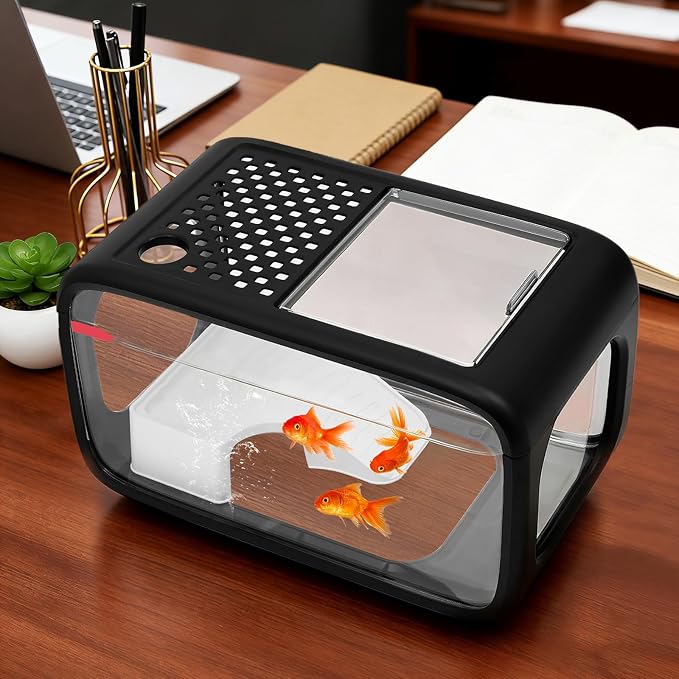 Desktop Fish Tank, 3.17 Gal Modern Aquarium Kit, Fish Bowl with Clear View Cover, Top Feeding Hole and Built-in Climbing Frame, for Small Aquatic Pets, Turtles, Shrimp Home Office Use