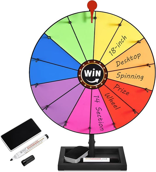 AugFir 18-inch Tabletop Prize Wheel, Prize Wheel Spinner with Stand & Storage Base, Featuring a Prize Wheel with 14 Customizable Color Sections. Suitable for Party Games, Family Games (with line)