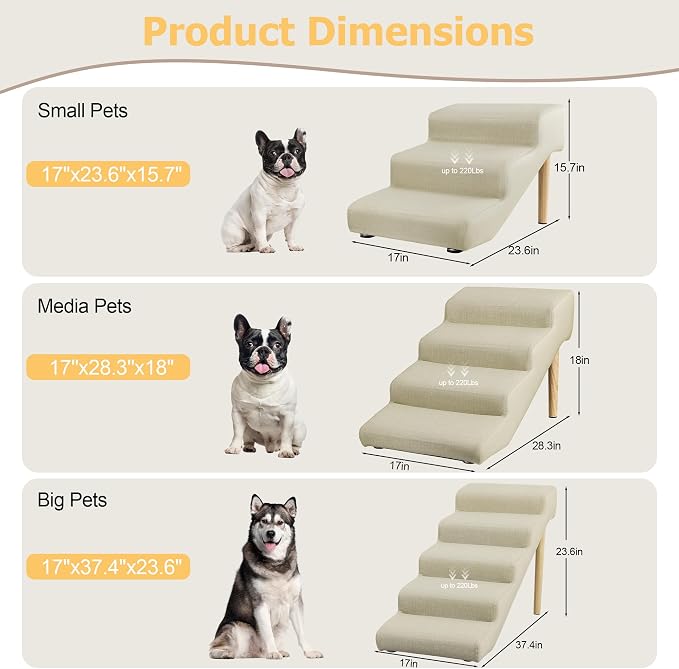 3-Step 15.7" H Dog Stairs for Bed Couch, Waterproof & Scratch PU Leather Pet Steps for Small Dogs and Cats, Dog Ramp with 220 lbs Maximum, Oak Leg & Solid Wood, Non-Slip Feet,Cream