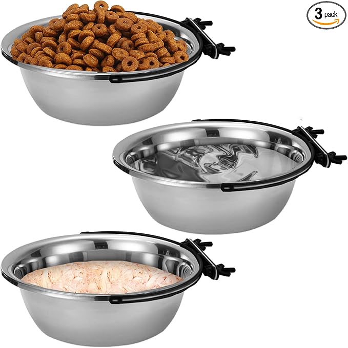 kathson Dog Kennel Bowls for Crates, 3 Pcs Stainless Steel Pet Food Water Bowls with Clamp Holder Hanging Metal Puppy Feeding Dish Cage Coop Cup for Cat Rabbit Ferret Bird (8.5 * 2.7in)