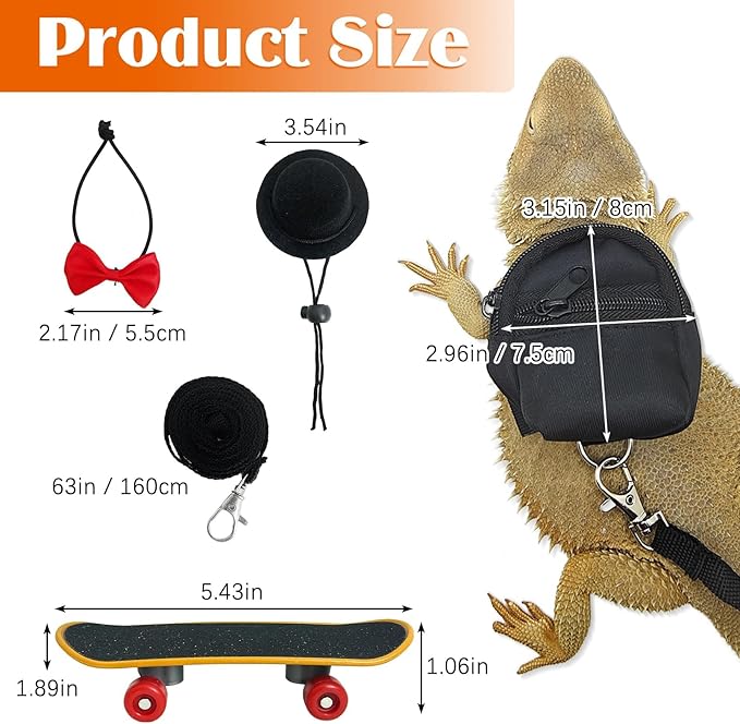 PINVNBY 5 Pack Bearded Dragon Leash and Harness Set Bearded Dragon Leash Backpack with Adjustable Hat & Bow Tie Mini Skateboard Toy Reptile Accessories for Lizard Reptile Outdoor Adventures