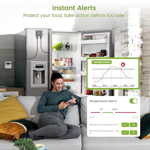WiFi Freezer Alarm Refrigerator Thermometer, App & Email Alerts | Garage, deep & chest freezer alarm, Still alerts on power outage or WiFi loss, +/-0.9F at -40F, Flat door-seal probe, No hub
