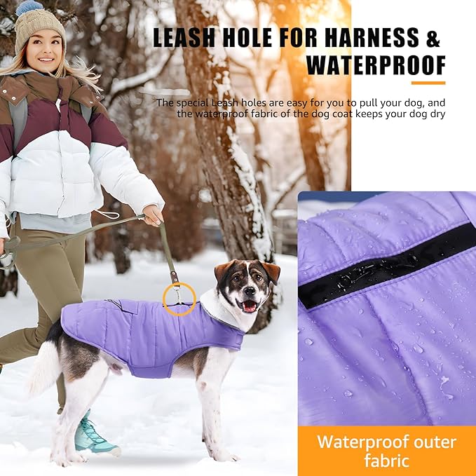 iBuddy Dog Winter Coat for Large Dogs, Easy on Dog Snow Fleece Coat Velcro Waterproof Pet Puffer Clothes with Harness Hole Adjustable Reflective Quilted Pet Cold Weather Vest Wind-poof for Girl Female