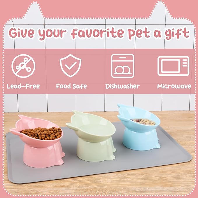 3 Pcs Elevated Cat Bowls 15°Raised Cat Food Bowl with Silicone Mat Whisker Friendly Anti Vomiting Cats Dishes Pet Food and Water Bowls for Indoor Cats Kittens