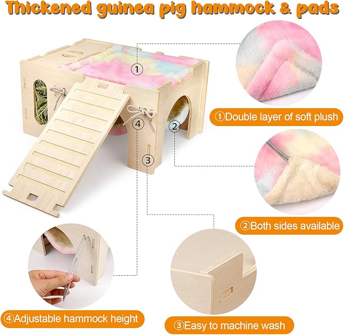 4 in 1 Upgraded Guinea Pig Hideout, Large Guinea Pig Castle with Hay Feeder, Hammock, House and Ramp, Easy to Assemble Wooden Guinea Pigs Toy for Chinchilla Rabbit Guinea Pigs Accessories