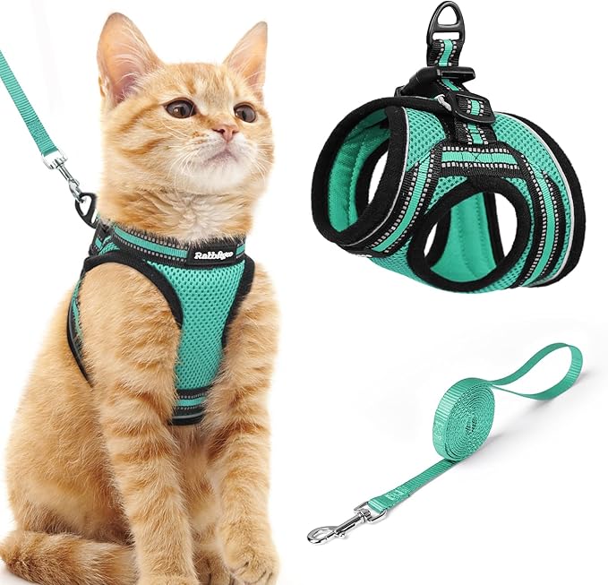 rabbitgoo Cat Harness and Leash Set for Walking Escape Proof, Adjustable Soft Kittens Vest with Reflective Strip for Cats, Comfortable Outdoor Vest,Green,M