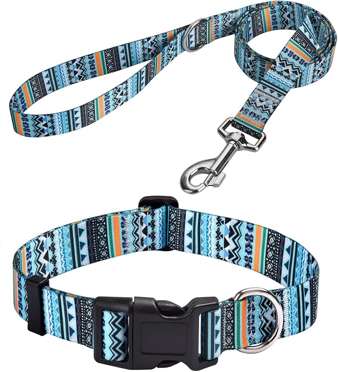 MarukoPet Dog Collar and Leash Set, Adjustable for Small Medium Large Dogs Puppy, Cute Design with Bohemia Floral Tribal Geometric Patterns Boys Girls Dog Collar(Green Bohemia Set,M)