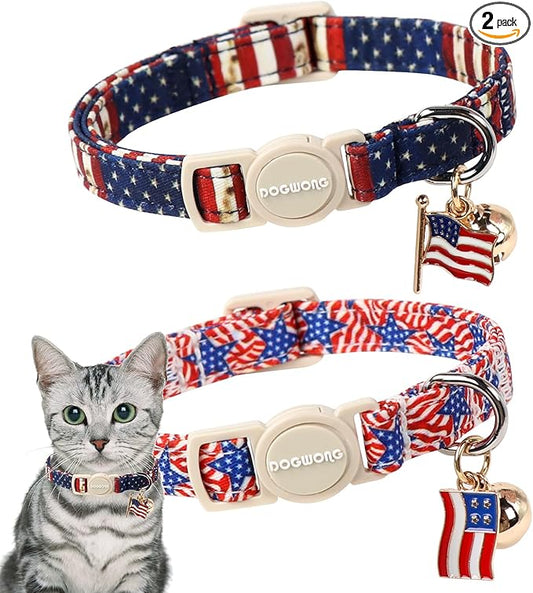 2 Pack American Flag Cat Collars Breakaway with Bell, DOGWONG Safety Buckle 4th of July Patriotic Cute Cat Collar for Girl Boy Cats，Adjustable 7-12 Inch
