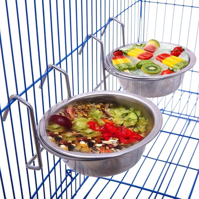 2PCS Bird Feeder Birds Bowls Bird Feeder Dish Cup Stainless Steel Dishes Coop Cups with Wire Hook Stainless Steel Parrot Food Bowl Feeding Coop Cups for Parakeet Lovebird