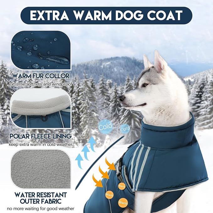 Warm Reflective Adjustable Dog Jacket, Furry Turtleneck Winter Coat Thicken Fleece Vest, Waterproof Windproof Cold Weather Coats with Buckle for Puppy Small Medium Large Dog