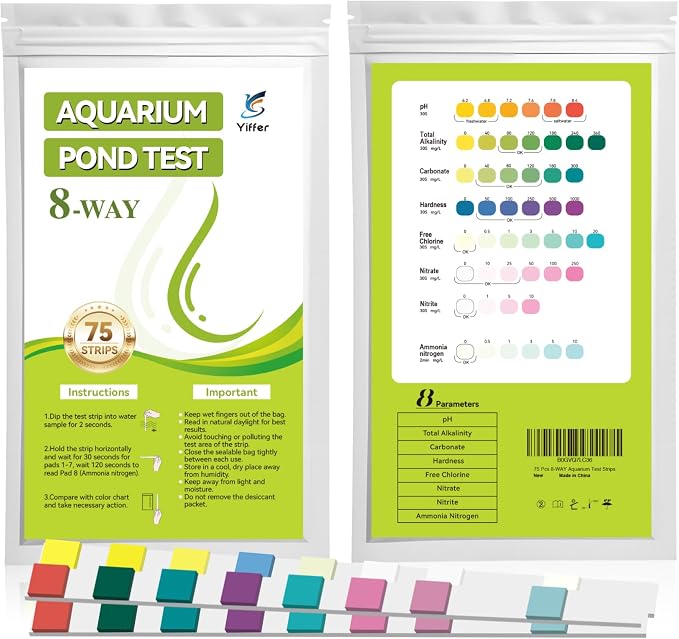 8-Way Aquarium Test Strips with Ammonia 75 Strips | Test Ammonia,pH, Total Alkalinity, Carbonate, Hardness, Free Chlorine, Nitrate and Nitrite for Fish Tanks & Ponds