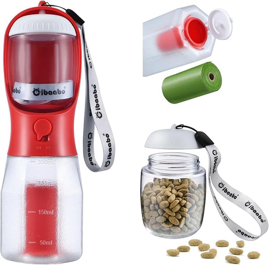 Cibaabo Dog Water Bottle with Food Container & Poop Bag Holder, Travel Water Bowl, Portable Pet Dispenser, Dog Gifts Stuff Accessories Items, Puppy Essentials for Yorkie Chihuahua Walking Hiking