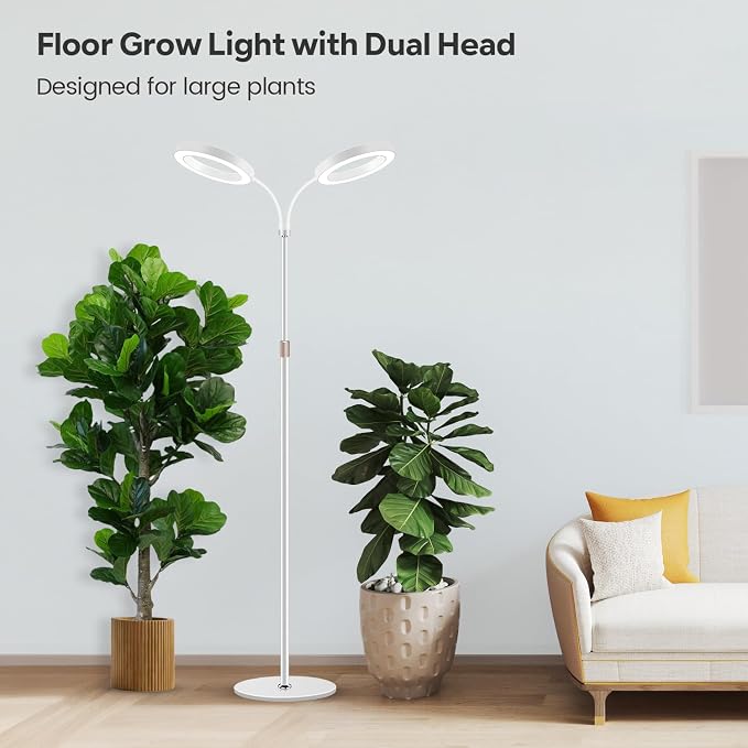 Plant Lights Indoor, Dual-Head Full Spectrum with Stand, 168 LEDs | 6000K Floor Grow Light, 3 Color Modes, Timer 6/12/16H, 5 Dimmable Levels, 67'' Adjustable Height, Gooseneck