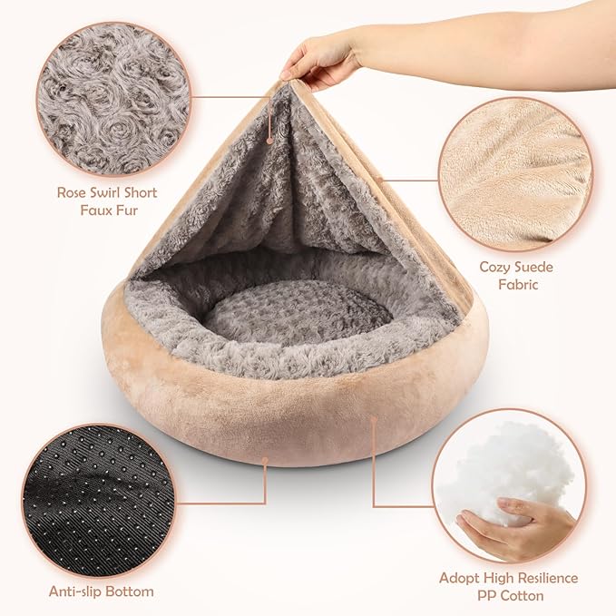 JOEJOY Small Dog Cat Bed With Hooded Blanket, Cozy Cuddler Luxury Puppy Pet Donut Round Calming Anti-Anxiety Burrow Cave - Anti-Slip Bottom, Machine Washable, 23 Inch