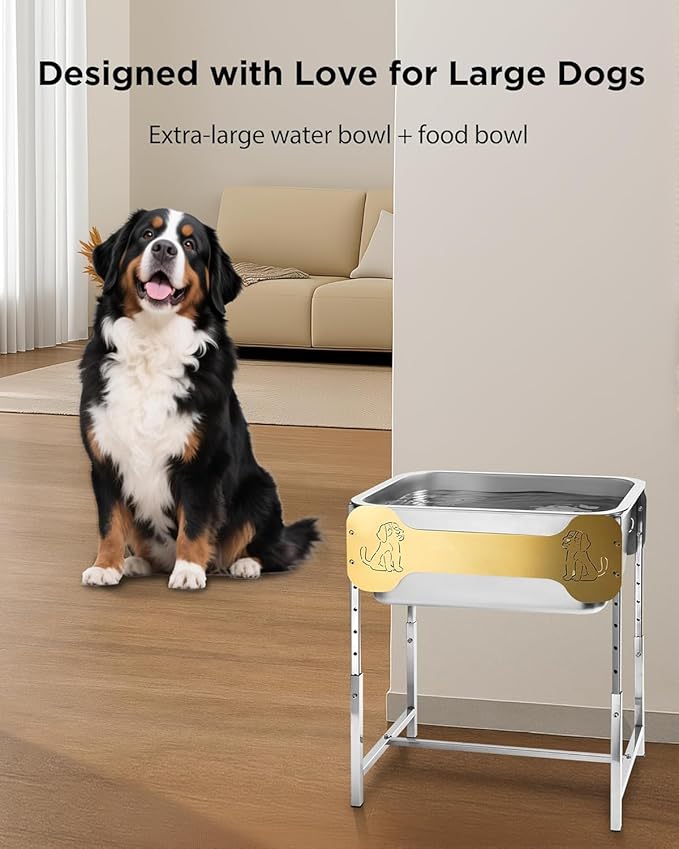 2-Pack Elevated Dog Bowls for Large Breed, 3 Gallon Large Water Bowl and 1.5 Gal Food Bowl Set with 6-Height Adjustable Stand, Raised Dog Feeding Station with Stainless Steel Bowls for Indoor&Outdoor