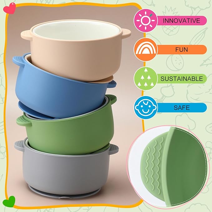 Domensi 4 Sets Kids Porcelain Bowls with Suction Sleeves Toddler Suction Bowl Upgrade Durable Microwave Dishwasher Safe Cereal Soup Snack Dishes for Baby Children Feeding Supplies (Morandi Colors)