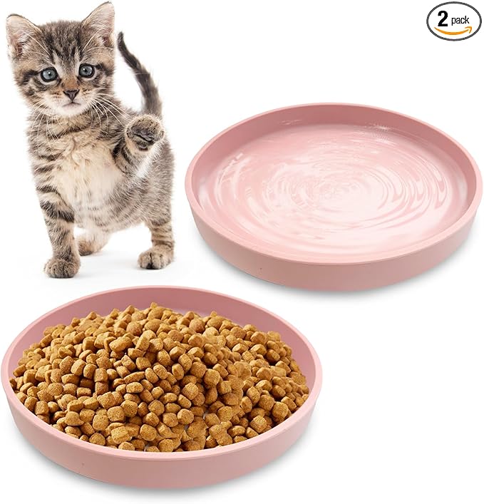 Silicone Cat Food Bowl Shallow Dishes 5.9in Wide Cats Bowls Set of 2 Kitty Plates Relief Whisker Fatigue Puppy Feeding Bowl for Dry Food and Wet Food Indoor (Round Pink)