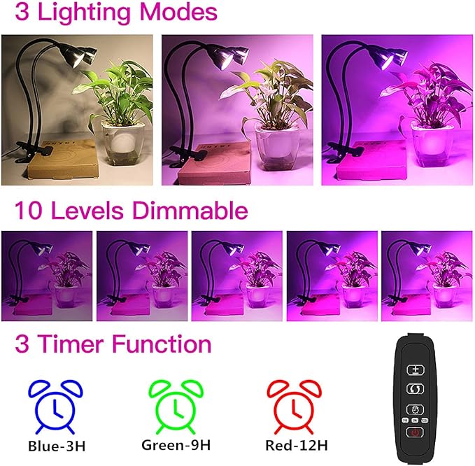 Grow Light for Indoor Plants Growing, Juhefa Gooseneck Clip-on Plant Lamp for Seedlings Succulents Seed Starting,3 Modes & 10-Level Brightness with Timer 3 9 12 Hrs