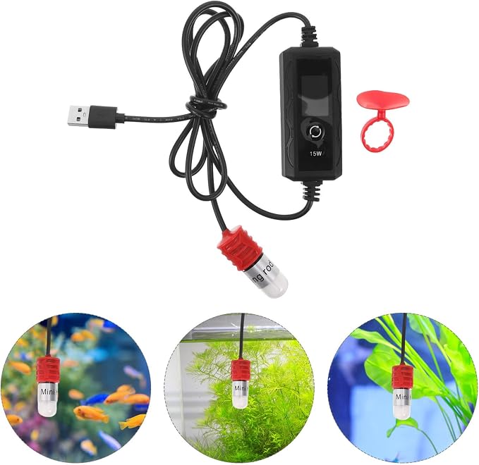 Compact Aquarium Heater 15w USB Mini Fish Tank Heater with Quartz Tube and Dual Temperature Display for Tropical Fish and Turtle in Marine and Planted Tanks to 4l