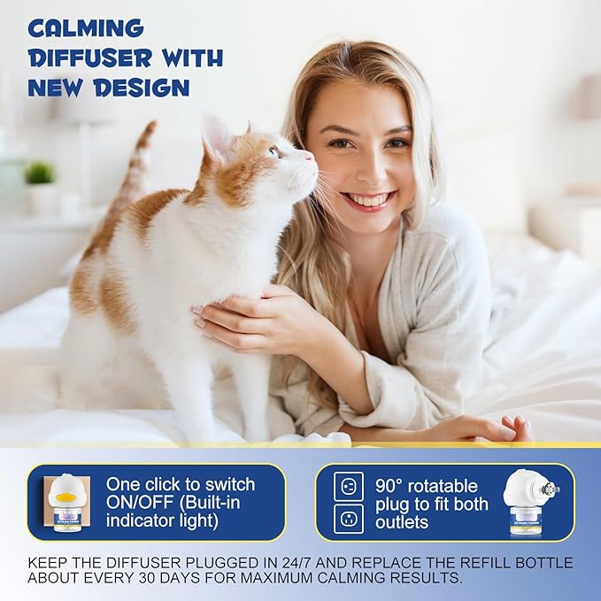 Cat Calming Diffuser Kit 60 Days, Cat Pheromones Calming Diffuser Effectively Relieve Anxiety Stress Fighting Scratching, Pheromone Diffuser for Cats -(1 Diffuser + 2 Refill)