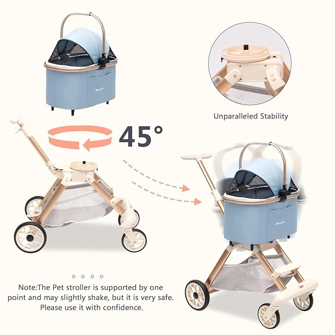SUNNYFEEL Pet Stroller for Small Dogs and Cats, Aluminum Two-in-one Split, One-Click Foldable Dog Stroller with Detachable Carrier, Holds up to 40 lbs, Side Bag, Breathable Mesh, Blue