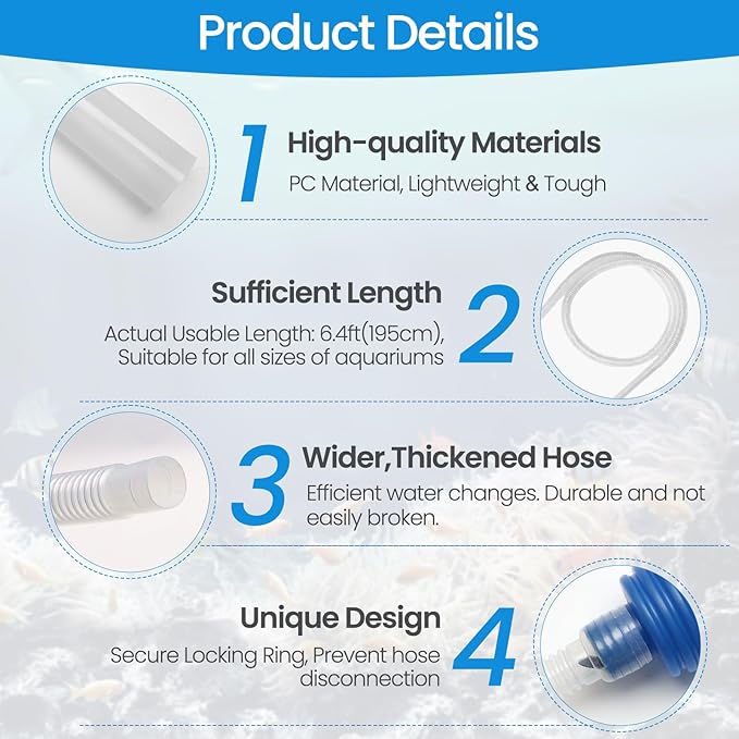 Gravel Vacuum for Aquarium Siphon, 6.4ft Fish Tank Siphon - Thick, Wide Tubing, Quick & Easy Waste Removal or Water Changes, Fish Tank Cleaner, Blue