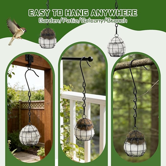 4PCS Bird Nesting Material Holder with 4PCS Nesting Cotton - Rust-Resistant Metal Hanging Nesting Balls for Outdoor Garden, Patio, Tree - Ideal for Hummingbirds, Finches, Canaries & Other Small Birds