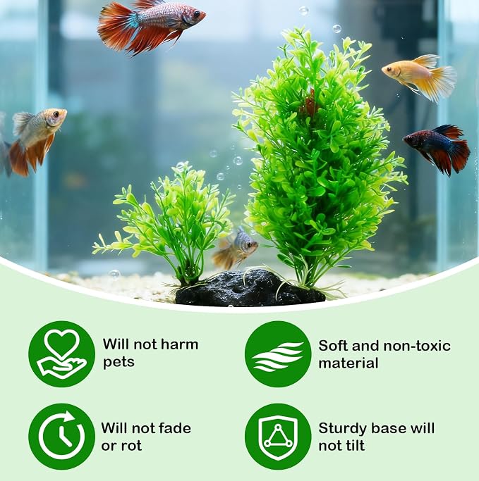 PINVNBY Artificial Aquarium Plants Decorations,Plastic Fish Tank Plant with Base Set Betta Fish Tank Accessories(Green)