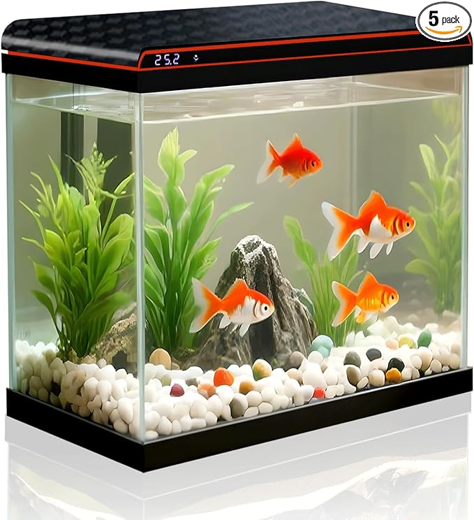 5 Gallon Fish Tank, Glass Aquarium Starter Kits, Self-Cleaning Water Pump & 3-Color Light with Water Temperature Detection for Betta Shrimp Guppy Jellyfish Goldfish Beta, Gift for Room Decor Kid