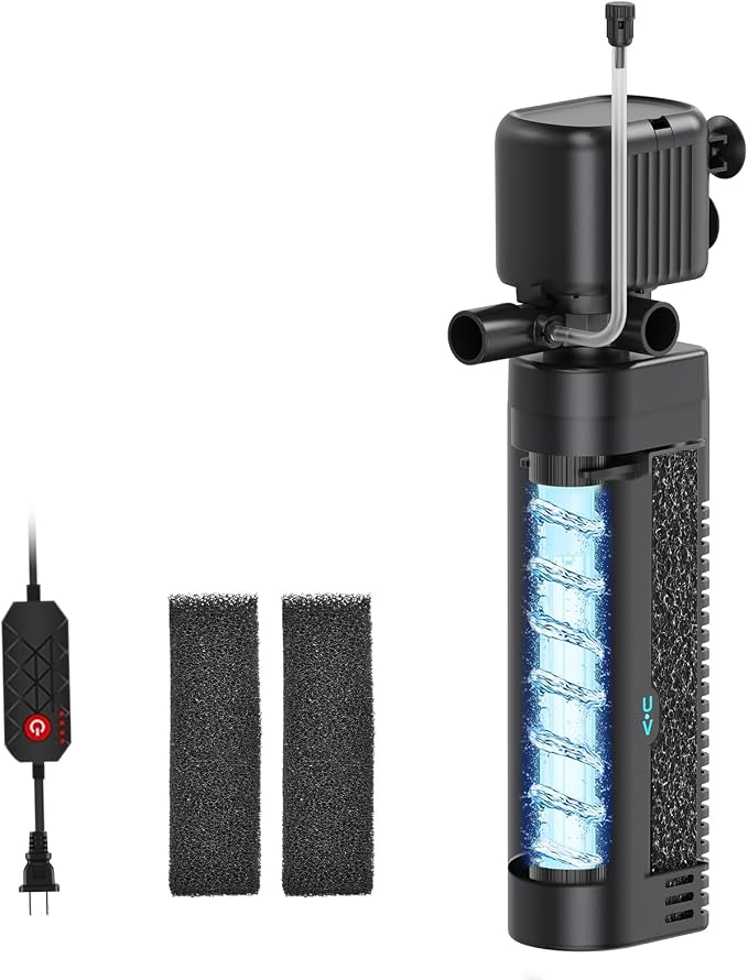 25W UV Aquarium Filter, 200 GPH Pump with Timer for 20-75 Gal Tanks | Five-function submersible system with dual-stage filtration, adjustable flow, low-water setup, and UV status light