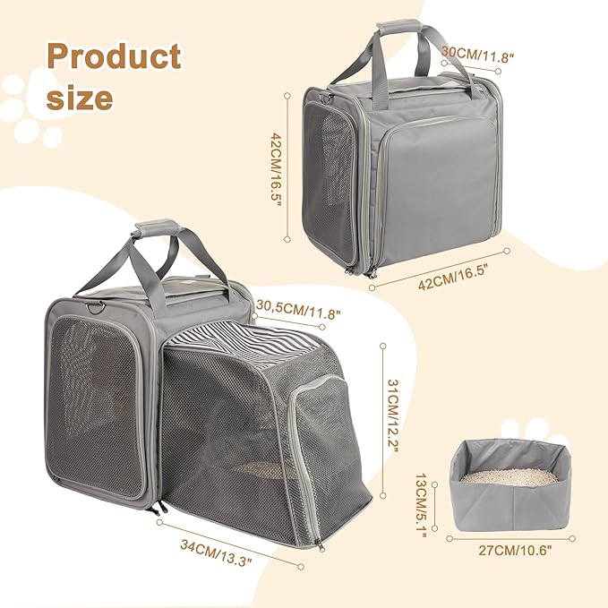 Expandable Cat Carrier with Portable Litter Box, Soft-Sided Pet Travel Carrier for Large Cats up to 20 lbs, Foldable Car Seat Crate for Long Distance Road Trips, Light Gray