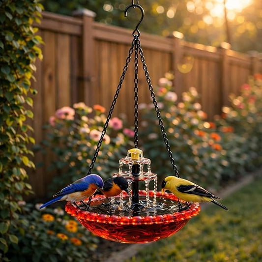 Solar Fountain for Bird Bath，Solar Cascade Hanging Bird Bath Fountain，Large Humming Birds Baths Fountains, with Solars Pump & Glass Bowl, for Outdoor, Gardens (red)