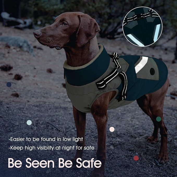 IECOii Dog Coat for Large Dogs Waterproof Dog Winter Jacket with Harness Built in, Turquoise Green - XXLarge, Thermal Warm Fleece Lined, Reflective Dogs Jackets for Cold Weather Hiking, Pitbull