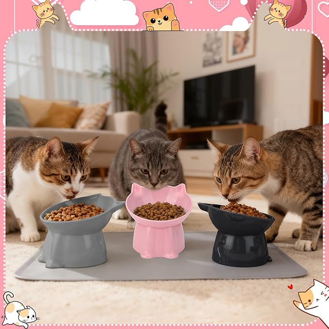 3 Pcs Elevated Cat Bowls 15°Raised Cat Food Bowl with Silicone Mat Whisker Friendly Anti Vomiting Cats Dishes Pet Food and Water Bowls for Indoor Cats Kittens Classic Pink, Grey, Black Pink, Grey, Bla