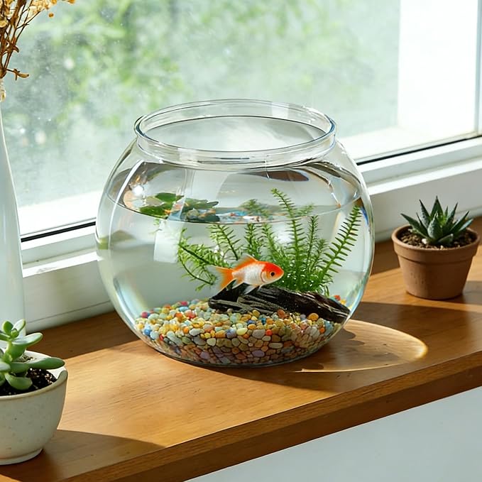 Plastic Goldfish Fish Bowl Drum Clear Aquarium Starter Kits | High Transparent Round Acrylic Fish Tank with 1 Artificial Aquatic Plant and 1 Bag Mini Ornamental Stones, 0.72Gallon/ 2.75L