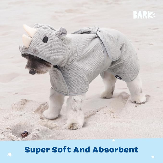 Barkbox Dog Bathrobe Fast Drying with Hook and Loop Closure & Wrap Tie Snuggle, Cute Dogs Clothes, Easy to Clean, Machine Washable, Dog Coats for Small Dogs, Tumble Dry Low - Rhino, Small