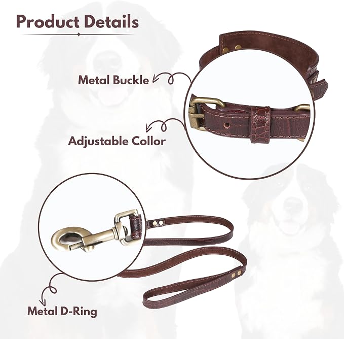 Lightnpro Genuine Leather Dog Collar & Leash Set - Adjustable 18" Collar with Metal Buckle & Reinforced Nylon Leash - Durable Walking & Training Gear for Large Breeds