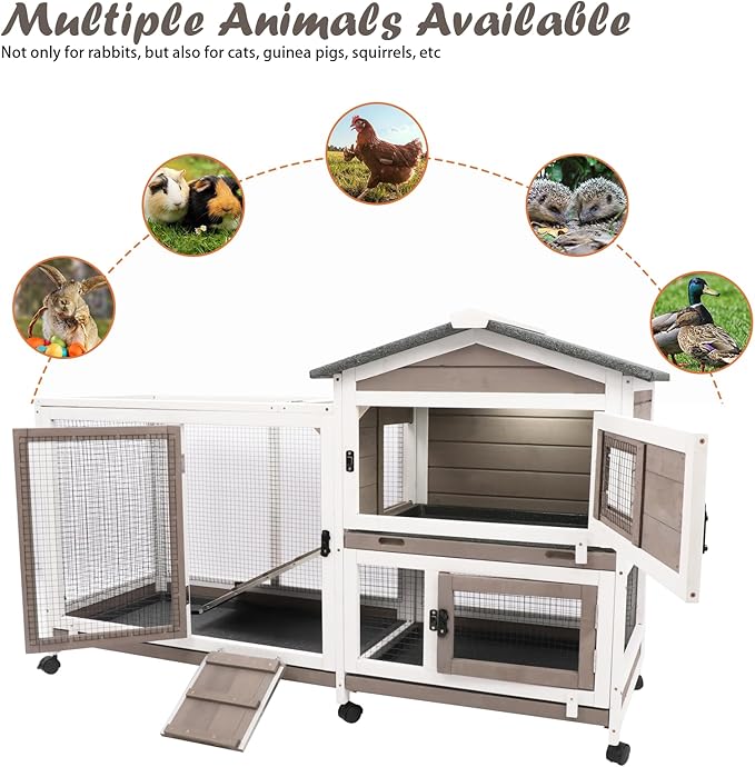 Gowoodhut Rabbit Hutch Indoor Outdoor 2 Story Bunny Cage with 3 No Leak Trays,55.31" L Guinea Pig Cages Rabbit Cage with 6 Wheels for Guinea Pig,Rabbit for Rabbit Lover|Pet Lover(White/Grey)