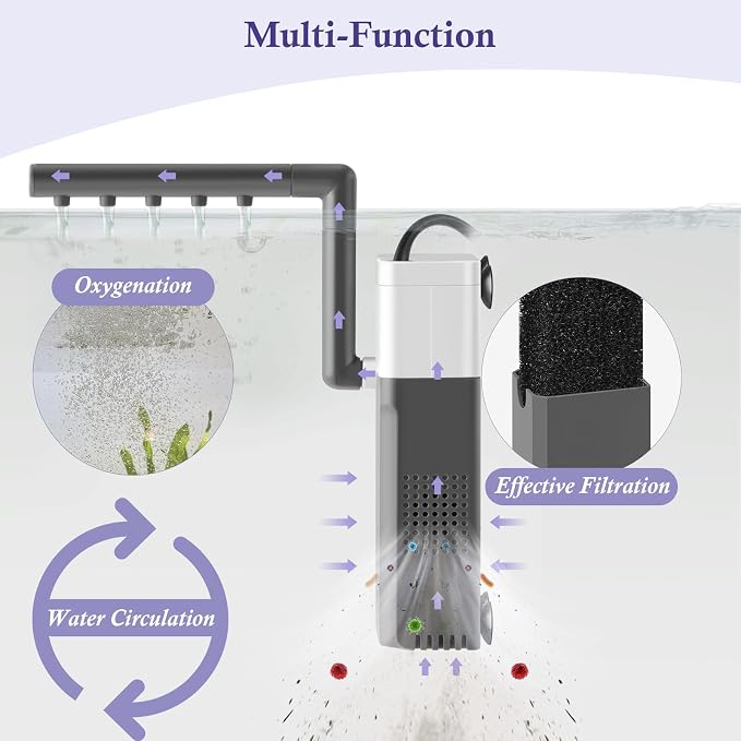 3W Mini Fish Tank Filter, 48GPH Quiet Aquarium Internal Filter 3-in-1 Submersible Fish Tank Filter Pump for 1-6Gal Betta/Fry/Shrimp Tanks