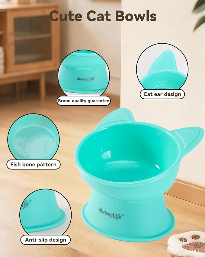 MateeyLife Raised Cat Bowls, Cat Food Bowl Elevated for Kittens & Small Dogs, 15°Tilted Protect Pets' Neck and Anti Vomiting, Whisker Friendly Food & Water Feeding Bowl, 6 oz Each - Green