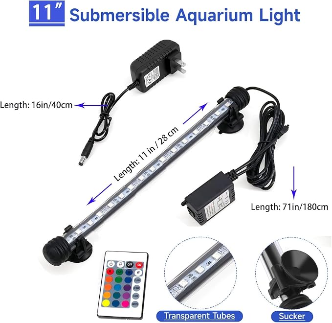 11inch RGB Aquarium Lights, Underwater Fish Tank Lights IP68 Waterproof Color Changing Adjustable Memory Submersible Remote Control Aquarium Tank Sucker Hood Strip Lamp Waterfall Lights