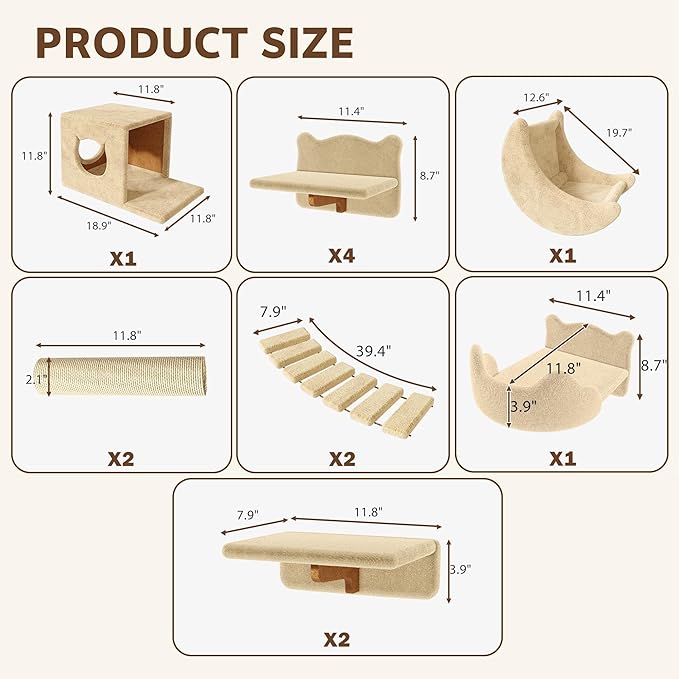 Cat Wall Shelves, Wall Mounted Cat Shelf Furniture with Plush Fabric(13 Piece Set), Cats Furniture with Moon Hammock, Condos, House, Steps, Bridge Ladder, Scratching Post, Beige