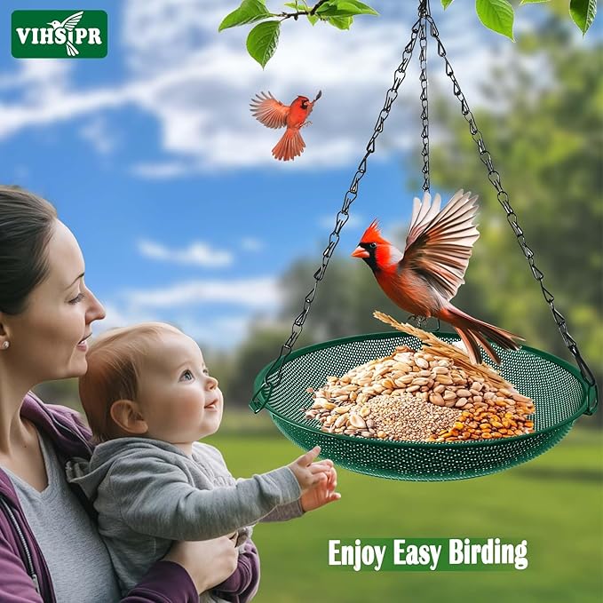 Hanging Bird Feeder for Outdoors – 12 in Platform Bird Feeder, Metal Mesh Seed Tray for Wild Birds, Green