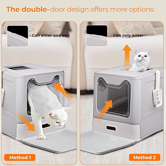 Stainless Steel Litter Box with Lid and Pull-Out Drawers, XL Metal Litter Box Top Entry for Big Cats, Leak-Proof Baffles for Easier Cleaning, with Litter Mat & Scoop