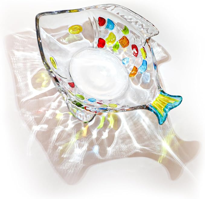 3 Pack Hand Painted Colorful Glass Crystal Bowl, 12 OZ Cute Fish Shaped Bowl, Decorative Serving Dish for Salad, Fruit, Snack, Dessert, Candy, Nuts