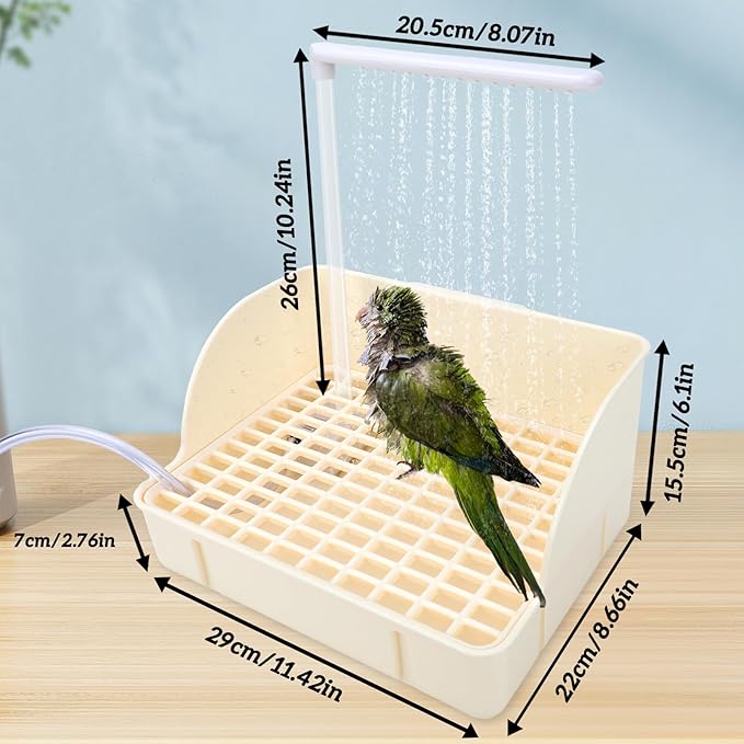 Automatic Bird Bath Fountain with Anti-Bite Cord Protector, Large Parrot Bathtub with Running Water Faucet, USB Electric Bird Shower for Parakeet, Cockatiel, Conure, African Grey, Lovebirds (Beige)